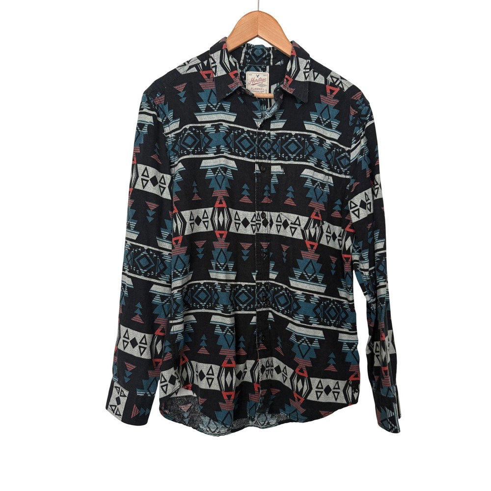 American Eagle Southwestern Aztec Heritage Flannel Shirt Mens M Black Geometric